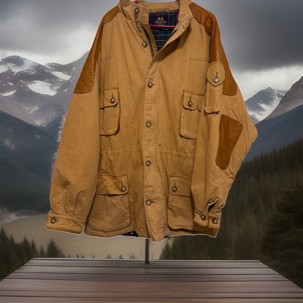 Vtg Willis & Geiger Field Hunting Jacket Canvas Leather Trim Plaid Lined Mens XL